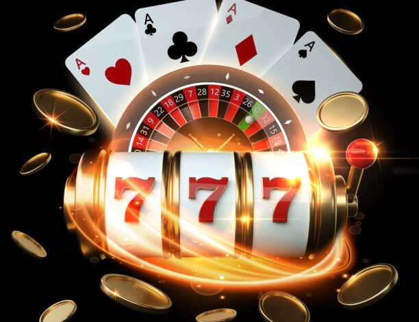 Slot Machine, Roulette Wheel And Four Aces With Golden Coins 3D Rendering